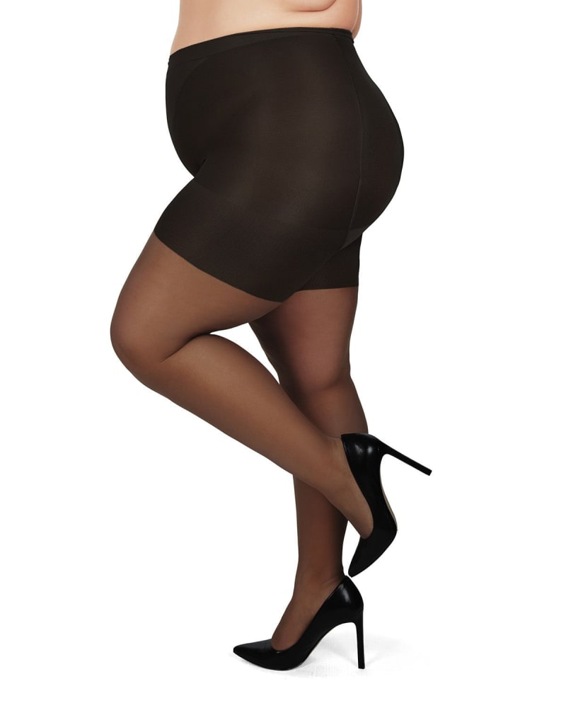Side of a model wearing a size Q2 BodySmootHers Super Shaper Sheer Tights in Black by Memoi. | dia_product_style_image_id:299943